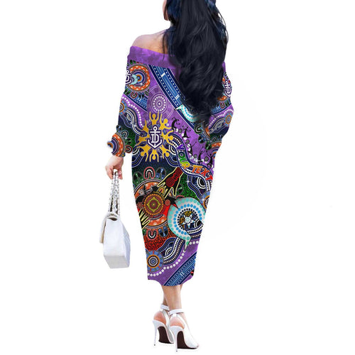 Custom NAIDOC Week 2024 Fremantle Dockers Freo Off The Shoulder Long Sleeve Dress Australia Aboriginal Dot Painting