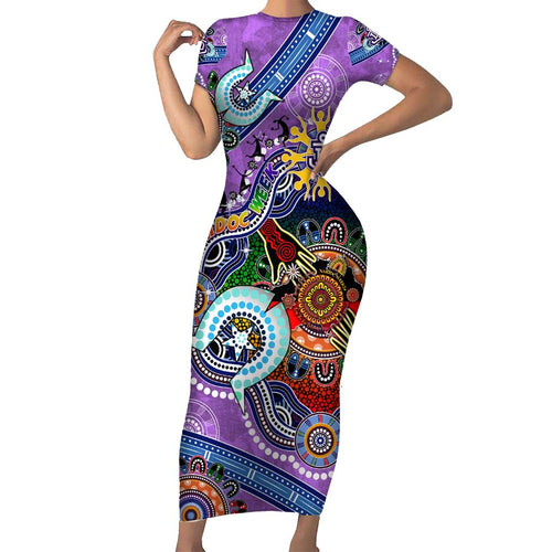 Custom NAIDOC Week 2024 Fremantle Dockers Freo Short Sleeve Bodycon Dress Australia Aboriginal Dot Painting