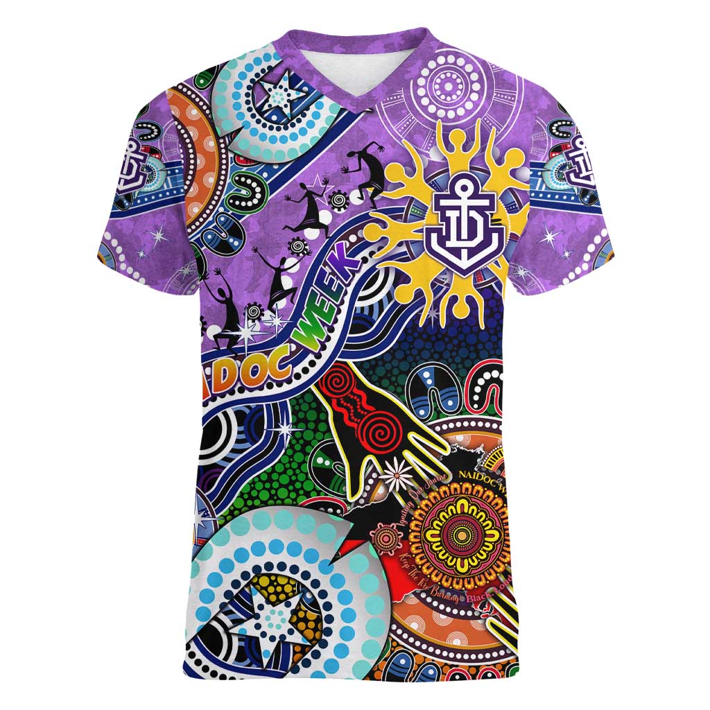 Custom NAIDOC Week 2024 Fremantle Dockers Freo Women V-Neck T-Shirt Australia Aboriginal Dot Painting