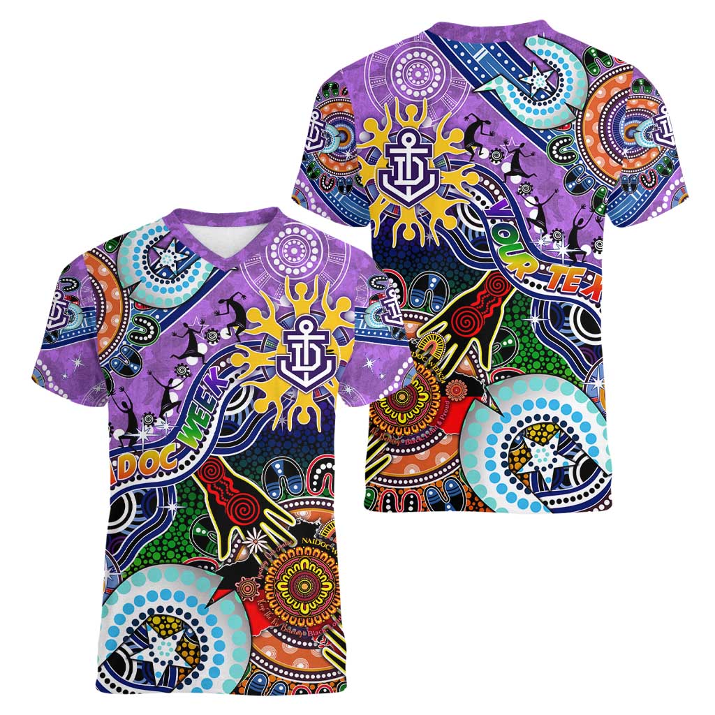 Custom NAIDOC Week 2024 Fremantle Dockers Freo Women V-Neck T-Shirt Australia Aboriginal Dot Painting