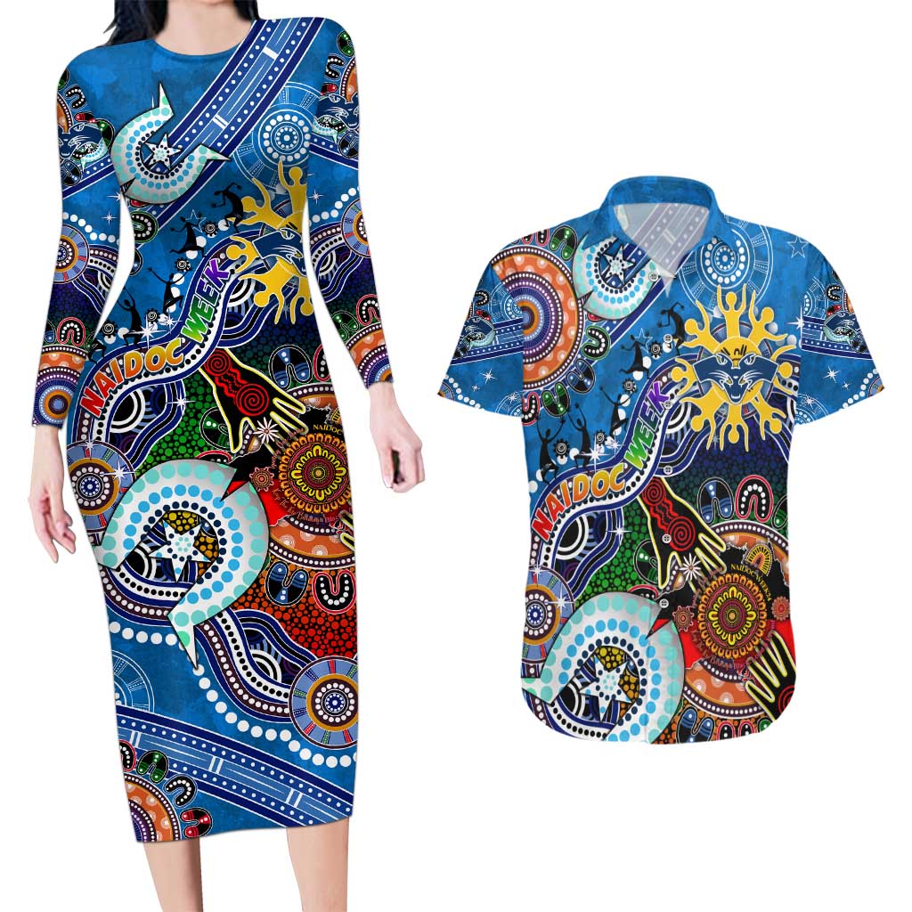 Custom NAIDOC Week 2024 Geelong Cats Couples Matching Long Sleeve Bodycon Dress and Hawaiian Shirt Australia Aboriginal Dot Painting