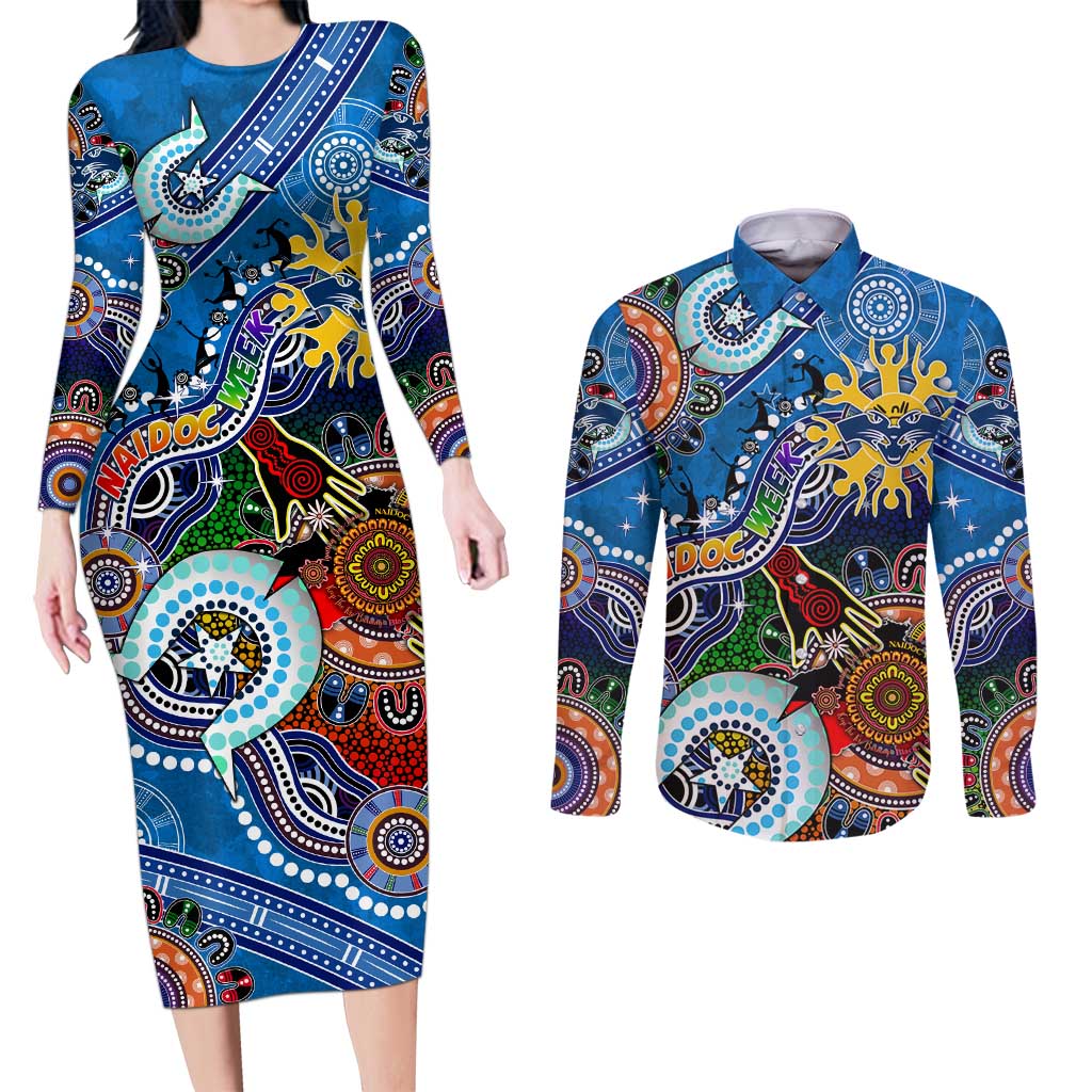 Custom NAIDOC Week 2024 Geelong Cats Couples Matching Long Sleeve Bodycon Dress and Long Sleeve Button Shirt Australia Aboriginal Dot Painting