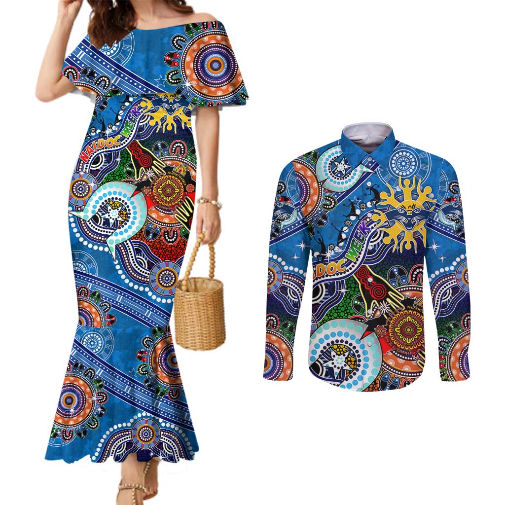 Custom NAIDOC Week 2024 Geelong Cats Couples Matching Mermaid Dress and Long Sleeve Button Shirt Australia Aboriginal Dot Painting
