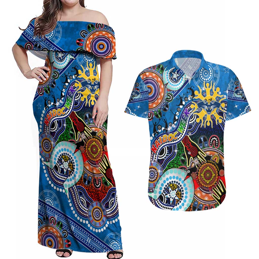 Custom NAIDOC Week 2024 Geelong Cats Couples Matching Off Shoulder Maxi Dress and Hawaiian Shirt Australia Aboriginal Dot Painting