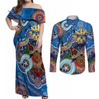 Custom NAIDOC Week 2024 Geelong Cats Couples Matching Off Shoulder Maxi Dress and Long Sleeve Button Shirt Australia Aboriginal Dot Painting