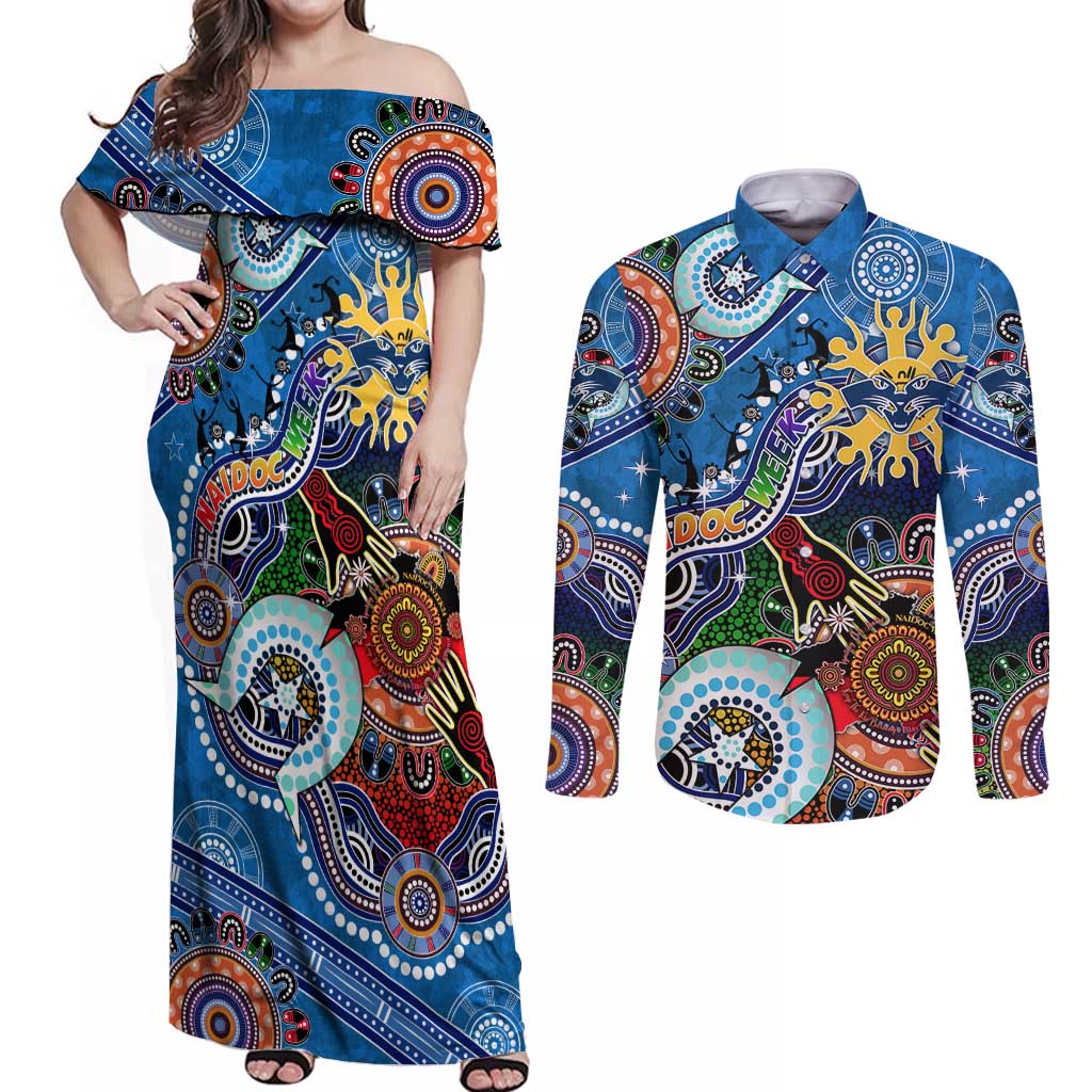 Custom NAIDOC Week 2024 Geelong Cats Couples Matching Off Shoulder Maxi Dress and Long Sleeve Button Shirt Australia Aboriginal Dot Painting