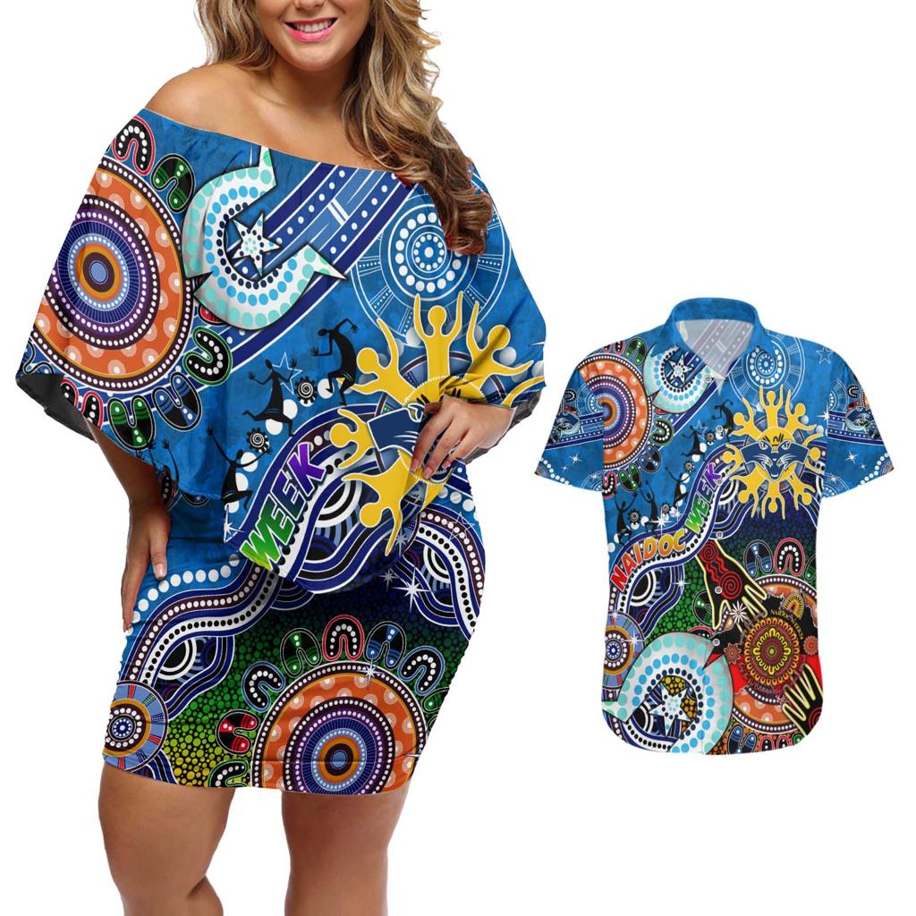 Custom NAIDOC Week 2024 Geelong Cats Couples Matching Off Shoulder Short Dress and Hawaiian Shirt Australia Aboriginal Dot Painting