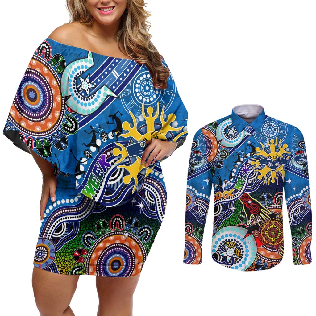 Custom NAIDOC Week 2024 Geelong Cats Couples Matching Off Shoulder Short Dress and Long Sleeve Button Shirt Australia Aboriginal Dot Painting