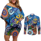 Custom NAIDOC Week 2024 Geelong Cats Couples Matching Off Shoulder Short Dress and Long Sleeve Button Shirt Australia Aboriginal Dot Painting