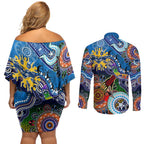 Custom NAIDOC Week 2024 Geelong Cats Couples Matching Off Shoulder Short Dress and Long Sleeve Button Shirt Australia Aboriginal Dot Painting