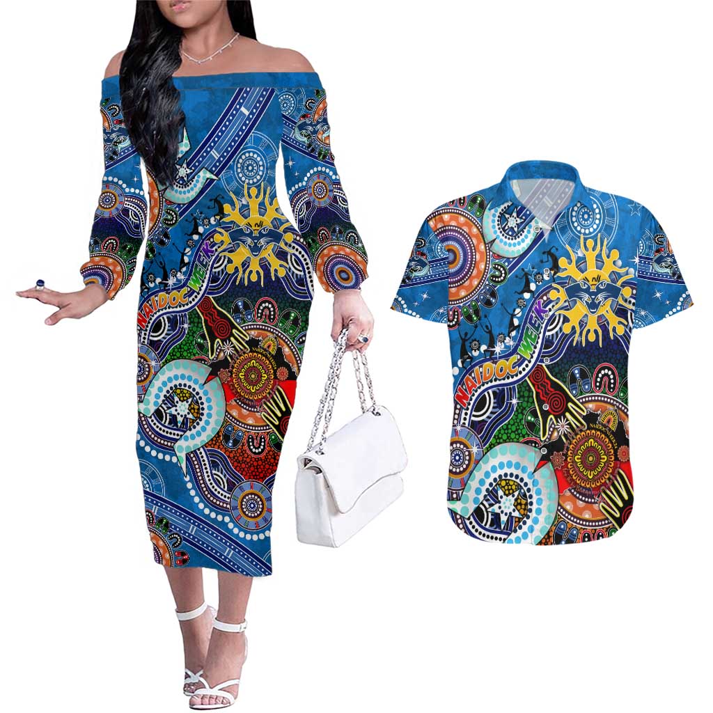 Custom NAIDOC Week 2024 Geelong Cats Couples Matching Off The Shoulder Long Sleeve Dress and Hawaiian Shirt Australia Aboriginal Dot Painting