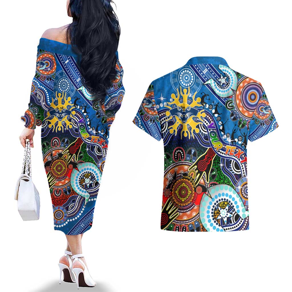 Custom NAIDOC Week 2024 Geelong Cats Couples Matching Off The Shoulder Long Sleeve Dress and Hawaiian Shirt Australia Aboriginal Dot Painting