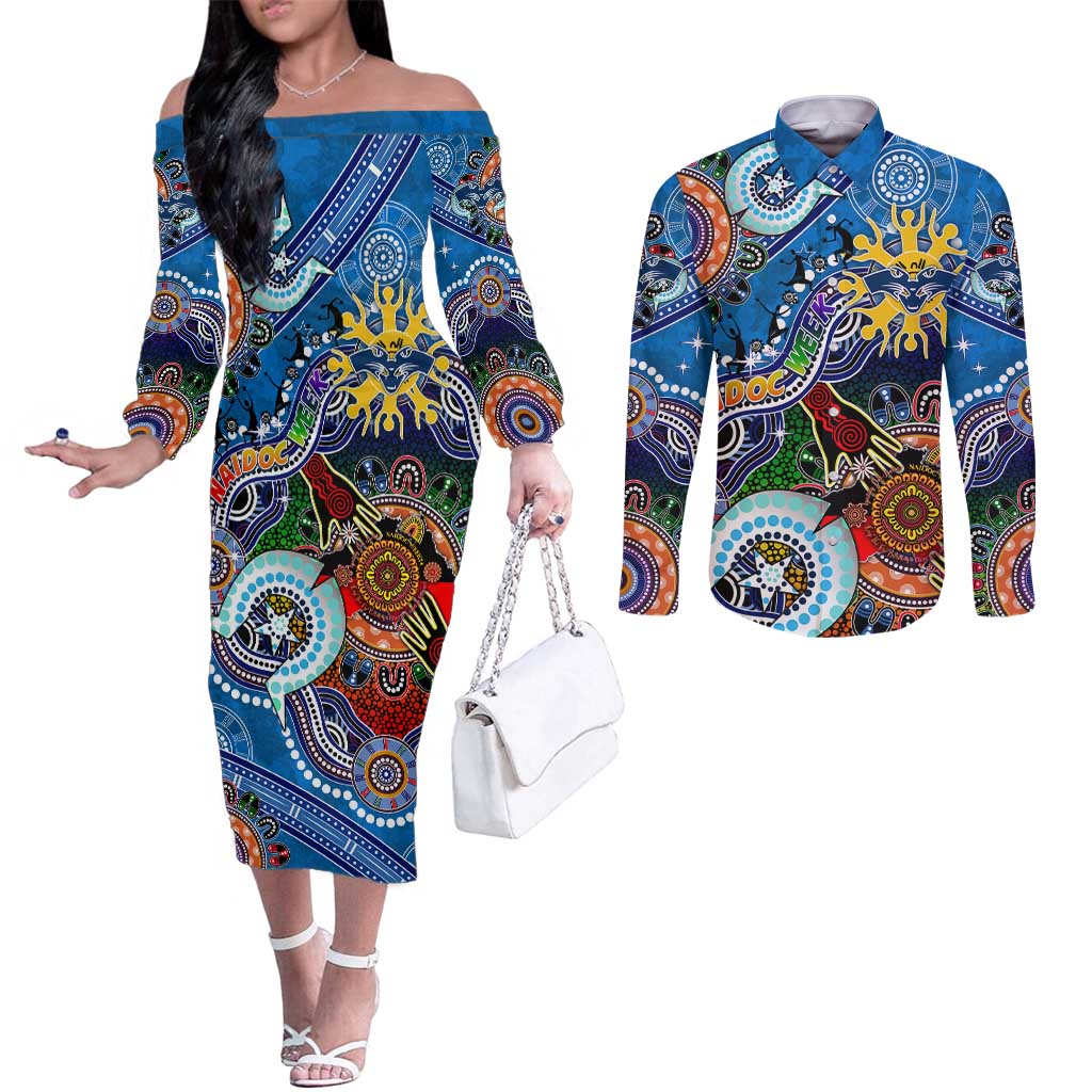 Custom NAIDOC Week 2024 Geelong Cats Couples Matching Off The Shoulder Long Sleeve Dress and Long Sleeve Button Shirt Australia Aboriginal Dot Painting