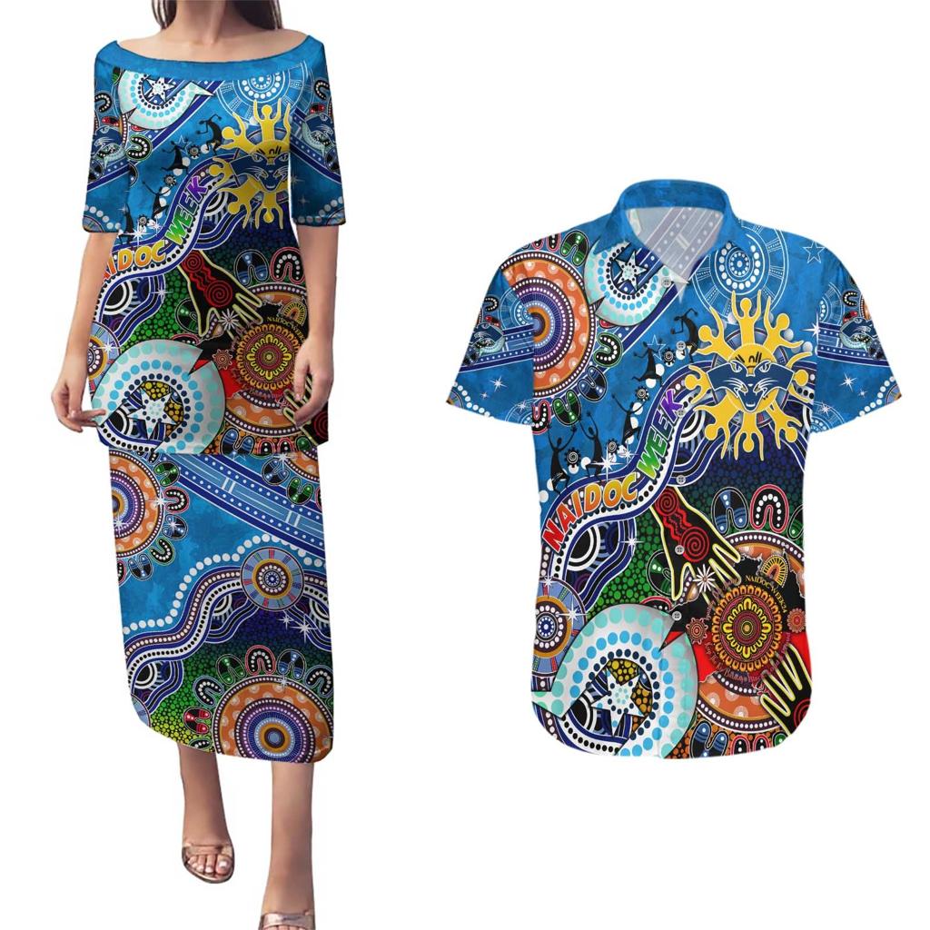 Custom NAIDOC Week 2024 Geelong Cats Couples Matching Puletasi and Hawaiian Shirt Australia Aboriginal Dot Painting