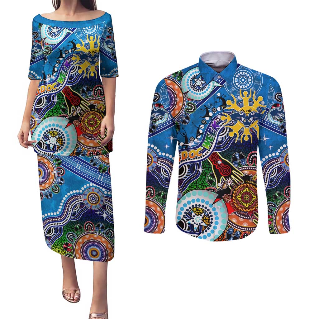 Custom NAIDOC Week 2024 Geelong Cats Couples Matching Puletasi and Long Sleeve Button Shirt Australia Aboriginal Dot Painting