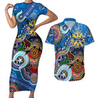 Custom NAIDOC Week 2024 Geelong Cats Couples Matching Short Sleeve Bodycon Dress and Hawaiian Shirt Australia Aboriginal Dot Painting