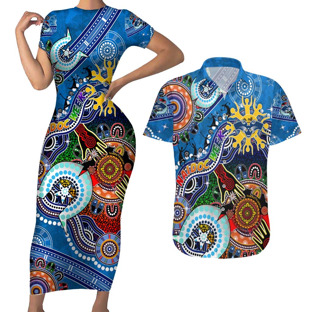 Custom NAIDOC Week 2024 Geelong Cats Couples Matching Short Sleeve Bodycon Dress and Hawaiian Shirt Australia Aboriginal Dot Painting