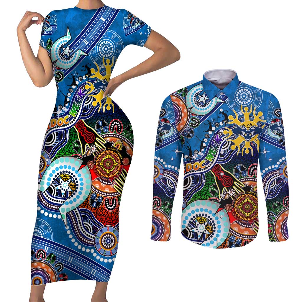 Custom NAIDOC Week 2024 Geelong Cats Couples Matching Short Sleeve Bodycon Dress and Long Sleeve Button Shirt Australia Aboriginal Dot Painting