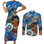 Custom NAIDOC Week 2024 Geelong Cats Couples Matching Short Sleeve Bodycon Dress and Long Sleeve Button Shirt Australia Aboriginal Dot Painting