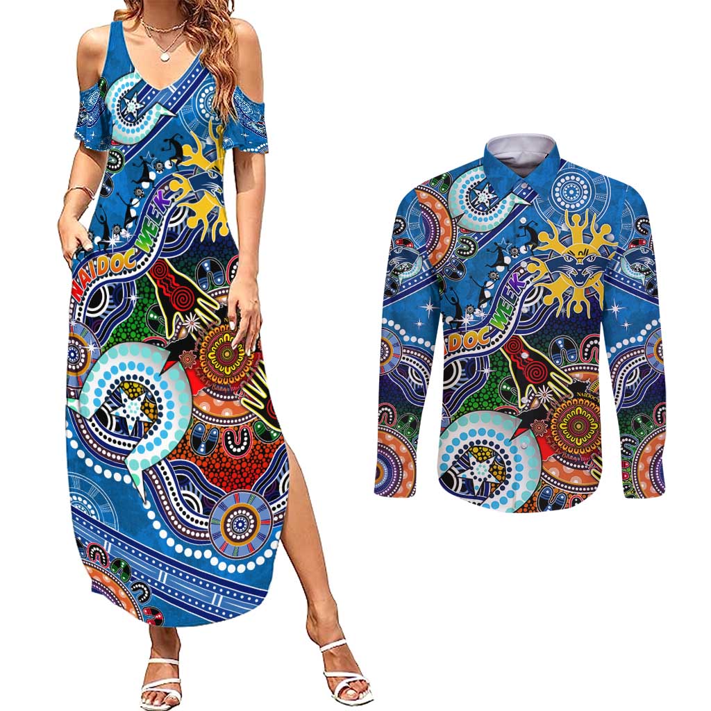 Custom NAIDOC Week 2024 Geelong Cats Couples Matching Summer Maxi Dress and Long Sleeve Button Shirt Australia Aboriginal Dot Painting