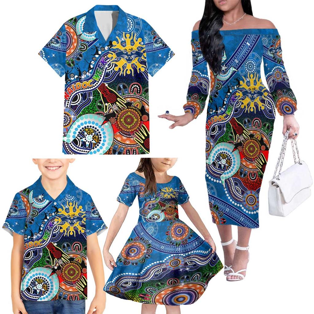 Custom NAIDOC Week 2024 Geelong Cats Family Matching Off The Shoulder Long Sleeve Dress and Hawaiian Shirt Australia Aboriginal Dot Painting
