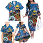 Custom NAIDOC Week 2024 Geelong Cats Family Matching Off The Shoulder Long Sleeve Dress and Hawaiian Shirt Australia Aboriginal Dot Painting