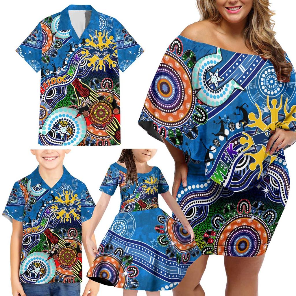 Custom NAIDOC Week 2024 Geelong Cats Family Matching Off Shoulder Short Dress and Hawaiian Shirt Australia Aboriginal Dot Painting