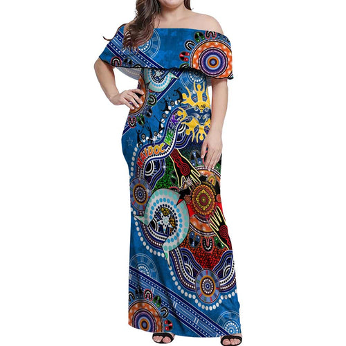 Custom NAIDOC Week 2024 Geelong Cats Off Shoulder Maxi Dress Australia Aboriginal Dot Painting