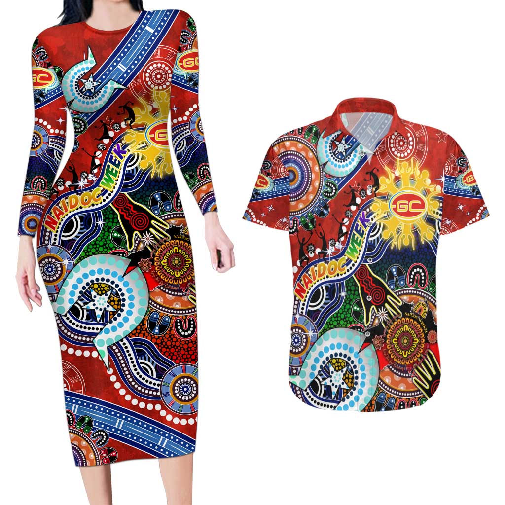 Custom NAIDOC Week 2024 Gold Coast Suns Couples Matching Long Sleeve Bodycon Dress and Hawaiian Shirt Australia Aboriginal Dot Painting
