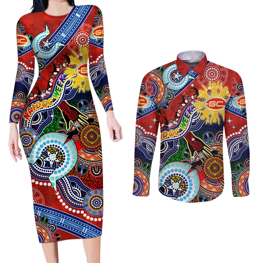 Custom NAIDOC Week 2024 Gold Coast Suns Couples Matching Long Sleeve Bodycon Dress and Long Sleeve Button Shirt Australia Aboriginal Dot Painting