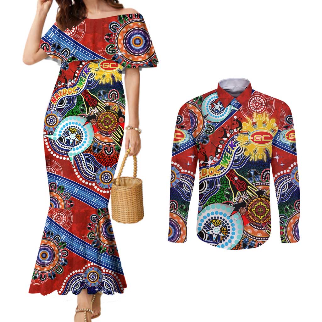 Custom NAIDOC Week 2024 Gold Coast Suns Couples Matching Mermaid Dress and Long Sleeve Button Shirt Australia Aboriginal Dot Painting