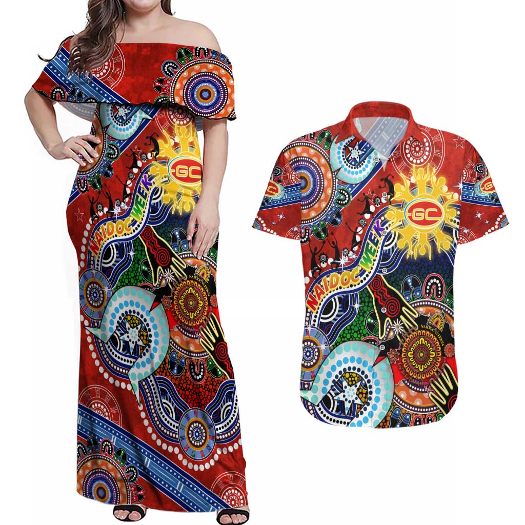 Custom NAIDOC Week 2024 Gold Coast Suns Couples Matching Off Shoulder Maxi Dress and Hawaiian Shirt Australia Aboriginal Dot Painting