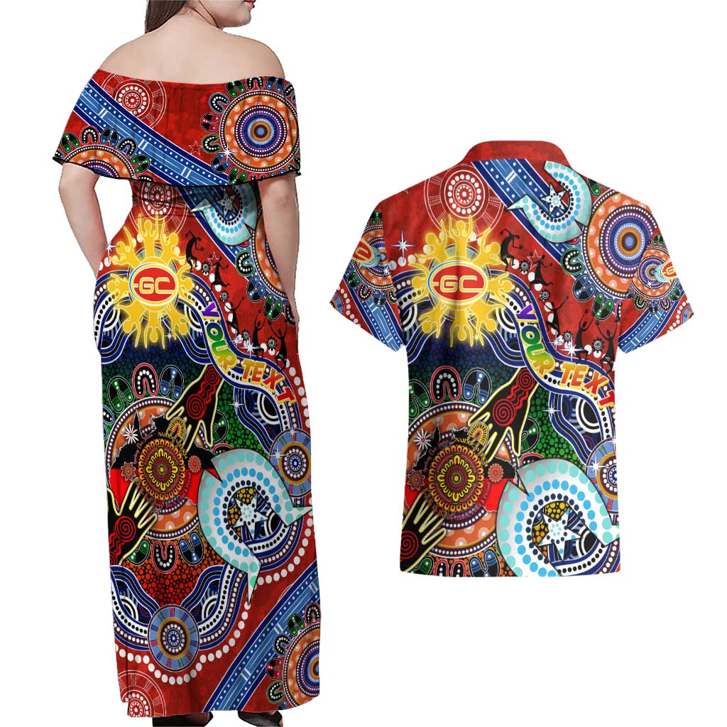 Custom NAIDOC Week 2024 Gold Coast Suns Couples Matching Off Shoulder Maxi Dress and Hawaiian Shirt Australia Aboriginal Dot Painting