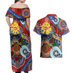 Custom NAIDOC Week 2024 Gold Coast Suns Couples Matching Off Shoulder Maxi Dress and Hawaiian Shirt Australia Aboriginal Dot Painting