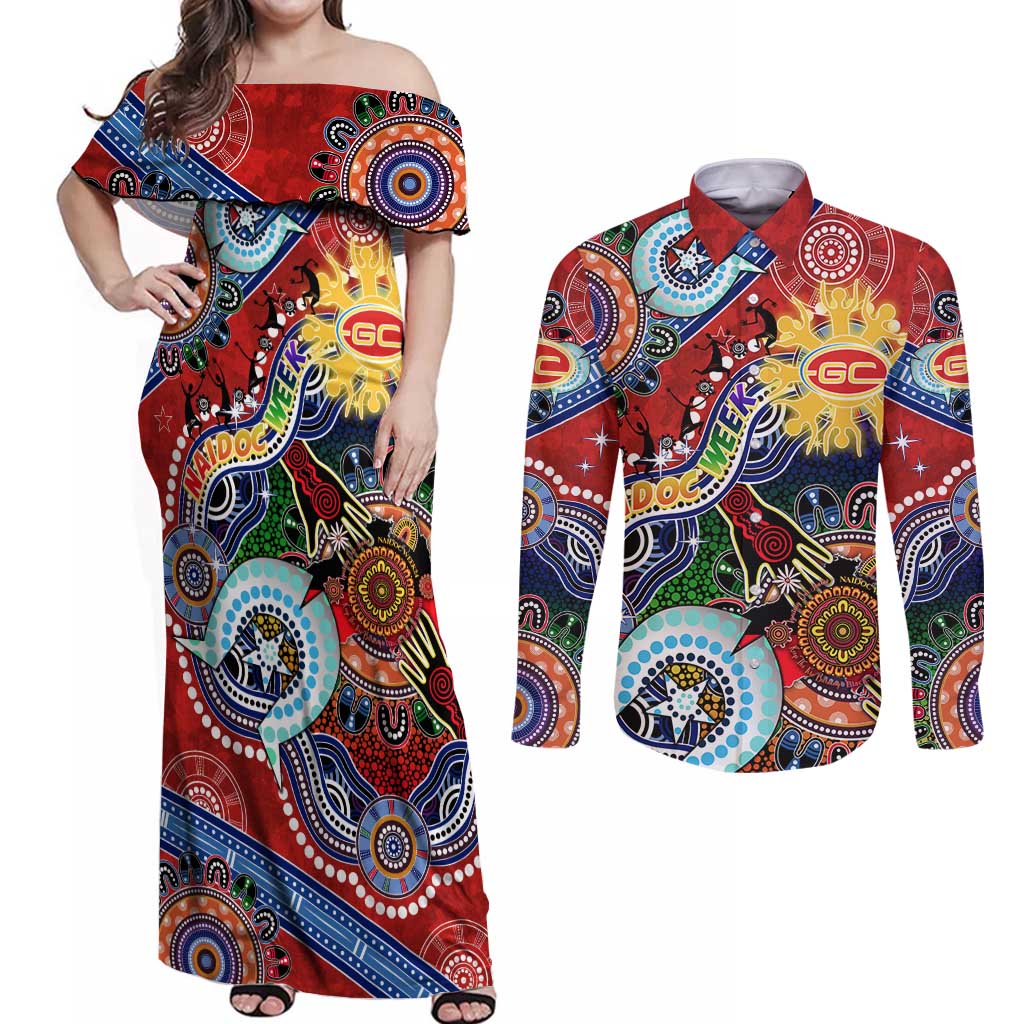 Custom NAIDOC Week 2024 Gold Coast Suns Couples Matching Off Shoulder Maxi Dress and Long Sleeve Button Shirt Australia Aboriginal Dot Painting