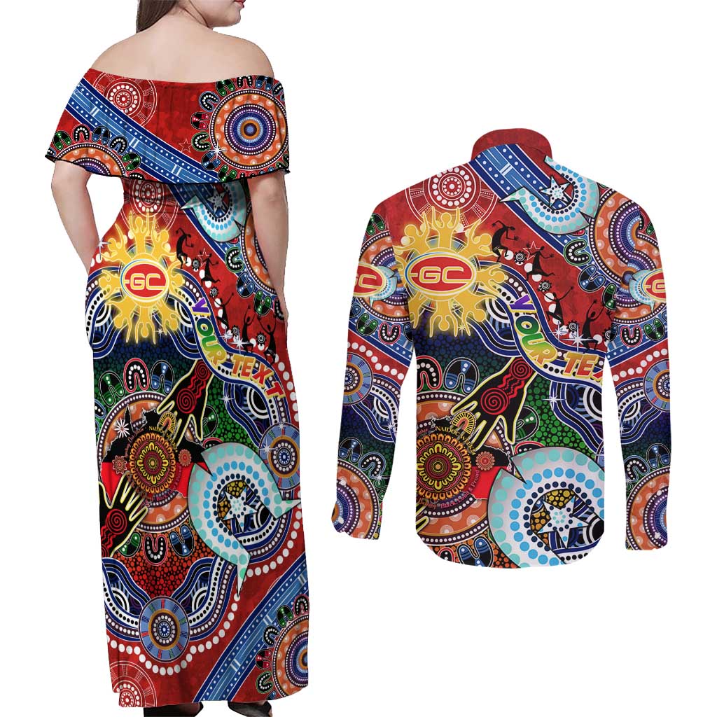 Custom NAIDOC Week 2024 Gold Coast Suns Couples Matching Off Shoulder Maxi Dress and Long Sleeve Button Shirt Australia Aboriginal Dot Painting