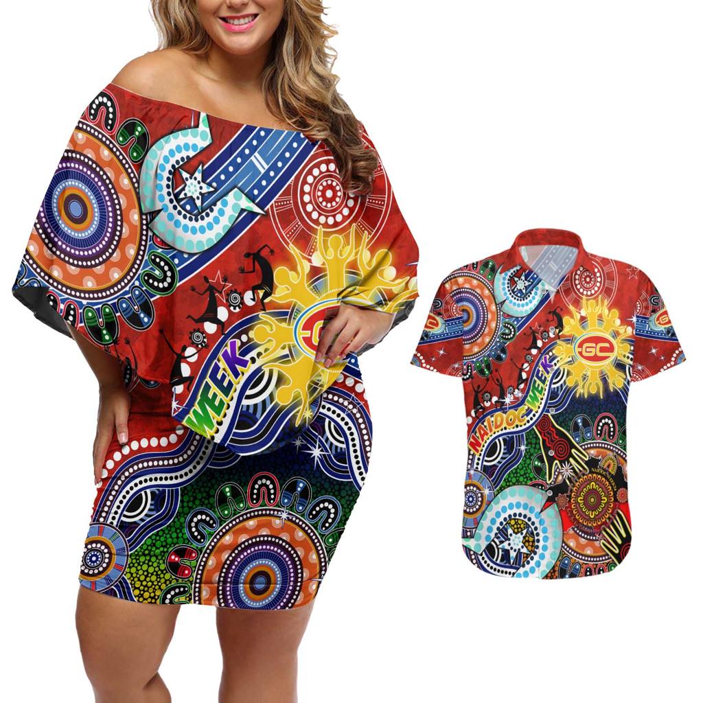Custom NAIDOC Week 2024 Gold Coast Suns Couples Matching Off Shoulder Short Dress and Hawaiian Shirt Australia Aboriginal Dot Painting
