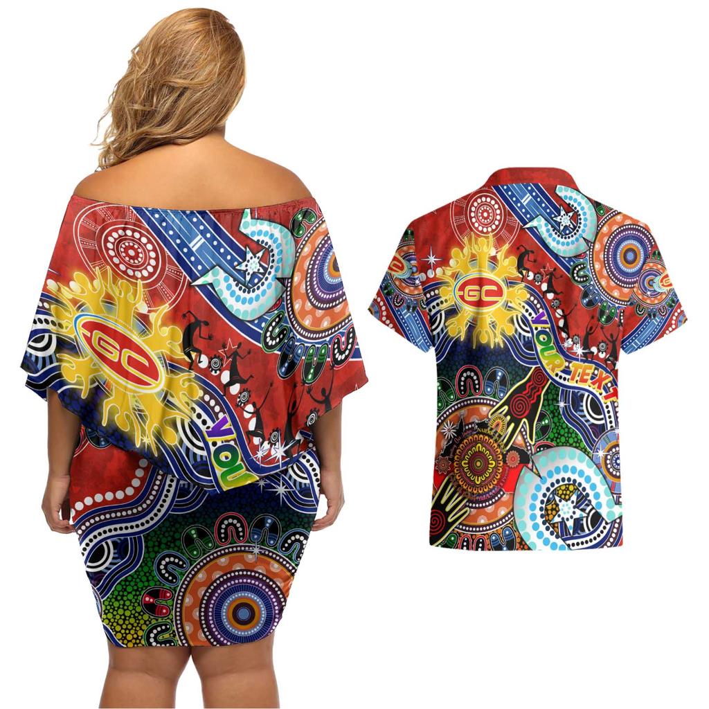 Custom NAIDOC Week 2024 Gold Coast Suns Couples Matching Off Shoulder Short Dress and Hawaiian Shirt Australia Aboriginal Dot Painting