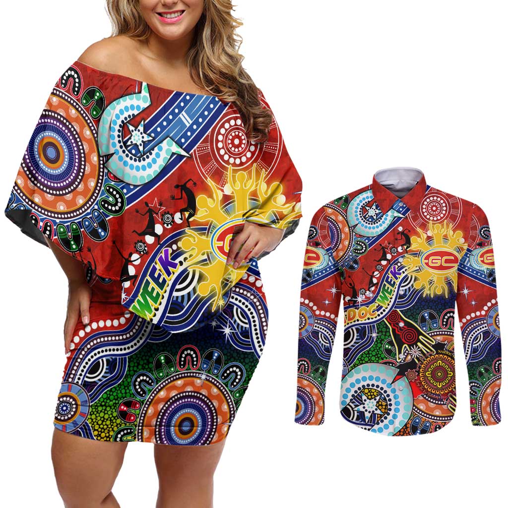 Custom NAIDOC Week 2024 Gold Coast Suns Couples Matching Off Shoulder Short Dress and Long Sleeve Button Shirt Australia Aboriginal Dot Painting