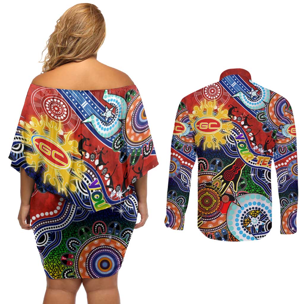 Custom NAIDOC Week 2024 Gold Coast Suns Couples Matching Off Shoulder Short Dress and Long Sleeve Button Shirt Australia Aboriginal Dot Painting
