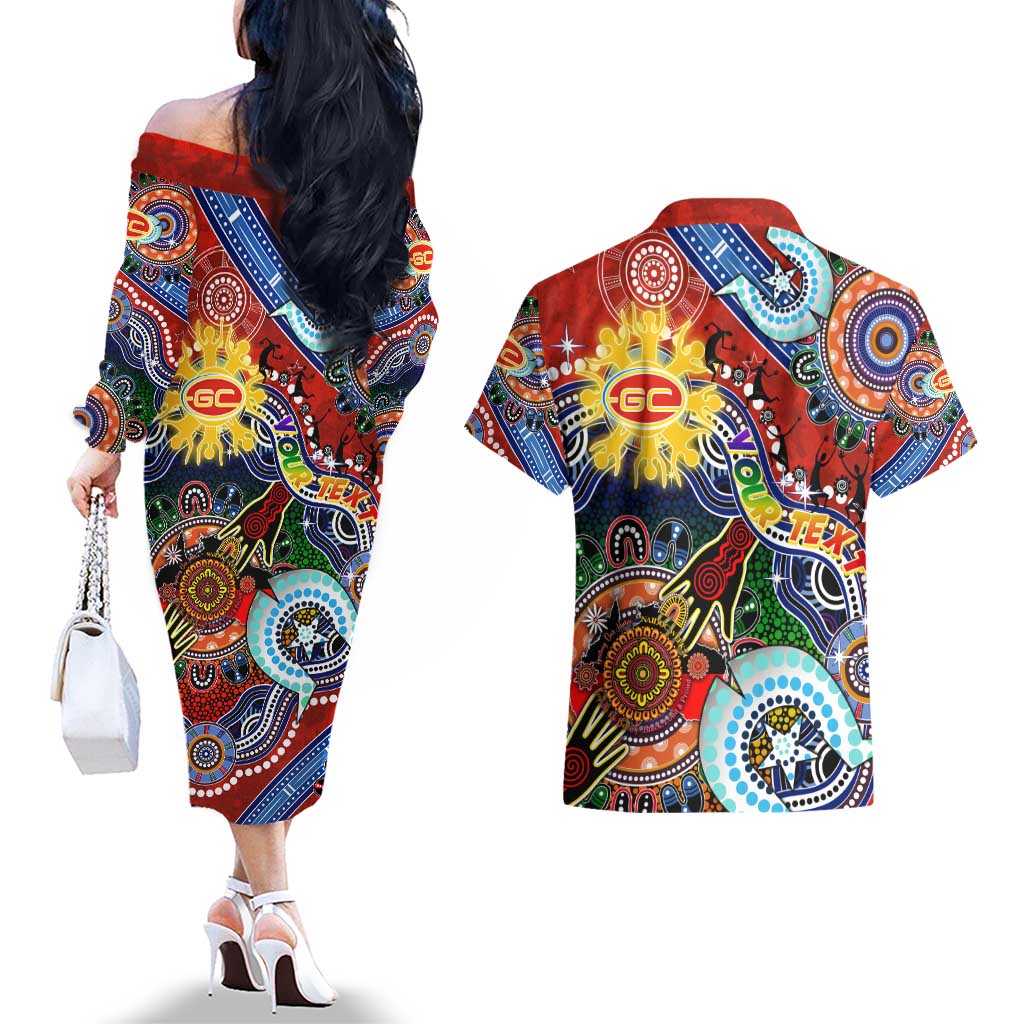Custom NAIDOC Week 2024 Gold Coast Suns Couples Matching Off The Shoulder Long Sleeve Dress and Hawaiian Shirt Australia Aboriginal Dot Painting