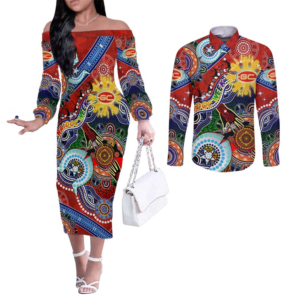 Custom NAIDOC Week 2024 Gold Coast Suns Couples Matching Off The Shoulder Long Sleeve Dress and Long Sleeve Button Shirt Australia Aboriginal Dot Painting
