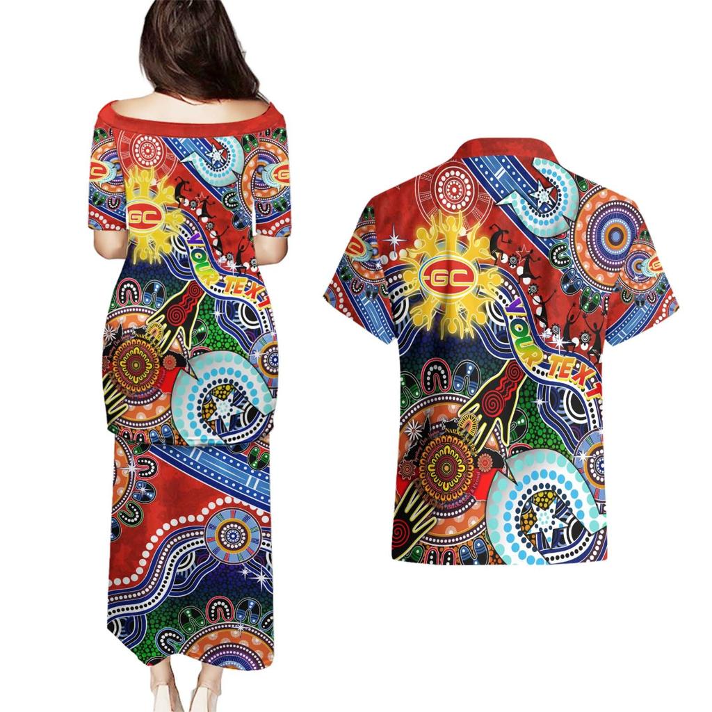 Custom NAIDOC Week 2024 Gold Coast Suns Couples Matching Puletasi and Hawaiian Shirt Australia Aboriginal Dot Painting