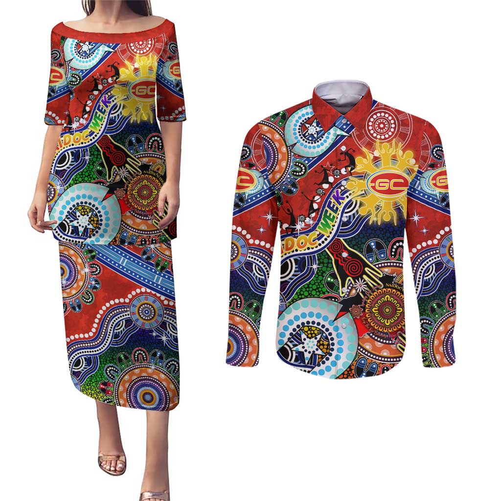 Custom NAIDOC Week 2024 Gold Coast Suns Couples Matching Puletasi and Long Sleeve Button Shirt Australia Aboriginal Dot Painting