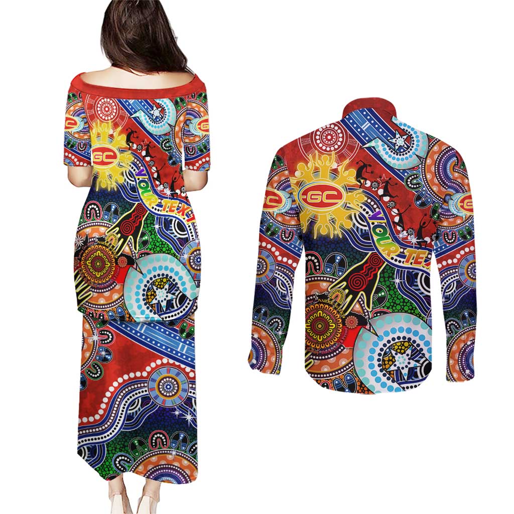 Custom NAIDOC Week 2024 Gold Coast Suns Couples Matching Puletasi and Long Sleeve Button Shirt Australia Aboriginal Dot Painting