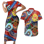 Custom NAIDOC Week 2024 Gold Coast Suns Couples Matching Short Sleeve Bodycon Dress and Hawaiian Shirt Australia Aboriginal Dot Painting