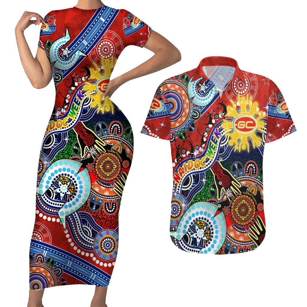 Custom NAIDOC Week 2024 Gold Coast Suns Couples Matching Short Sleeve Bodycon Dress and Hawaiian Shirt Australia Aboriginal Dot Painting