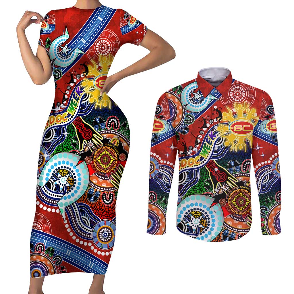 Custom NAIDOC Week 2024 Gold Coast Suns Couples Matching Short Sleeve Bodycon Dress and Long Sleeve Button Shirt Australia Aboriginal Dot Painting