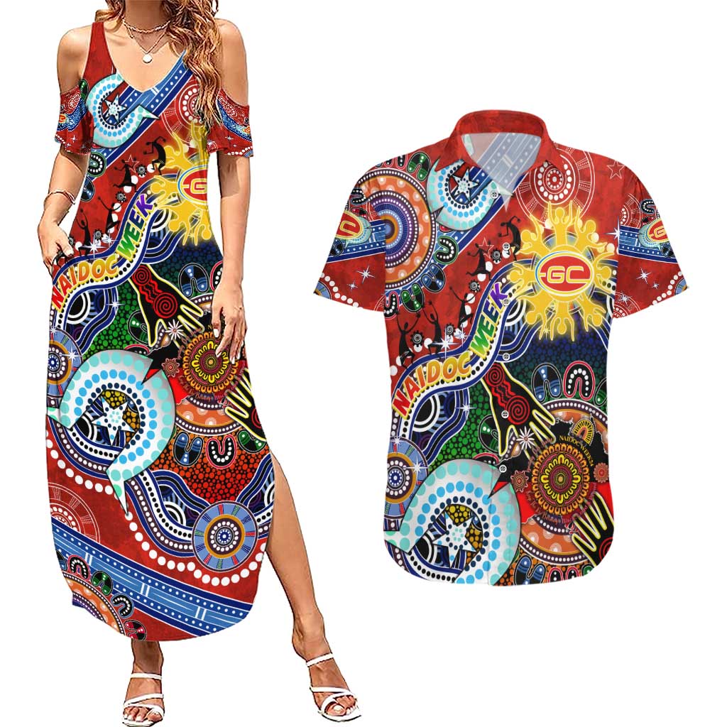 Custom NAIDOC Week 2024 Gold Coast Suns Couples Matching Summer Maxi Dress and Hawaiian Shirt Australia Aboriginal Dot Painting