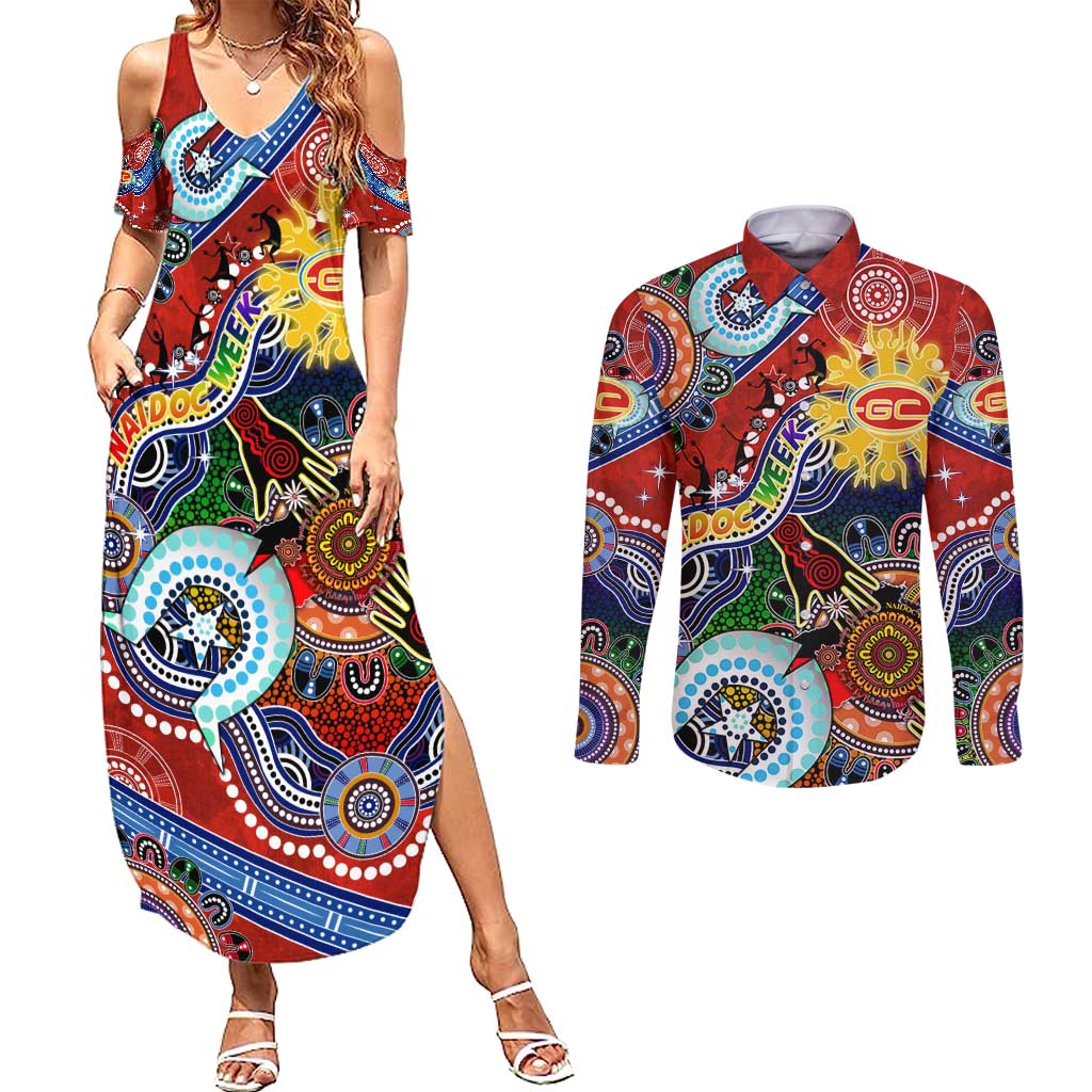 Custom NAIDOC Week 2024 Gold Coast Suns Couples Matching Summer Maxi Dress and Long Sleeve Button Shirt Australia Aboriginal Dot Painting